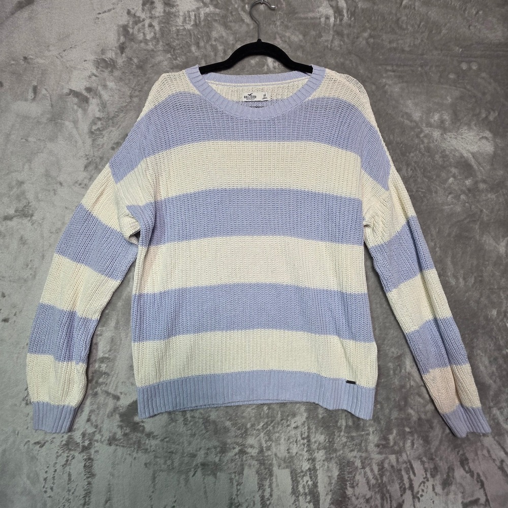Hollister Womens XS Blue Cream Striped Cotton Shaker Stitch Knit Sweater Relaxed